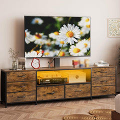 Welfuturer 70.8" W TV Stand with Mount and Power Outlet for 65/70/75/80 Inch TV, Farmhouse Entertainment Center with 8 Fabric Drawers, LED Lights and Open Storage Shelves for Living Room