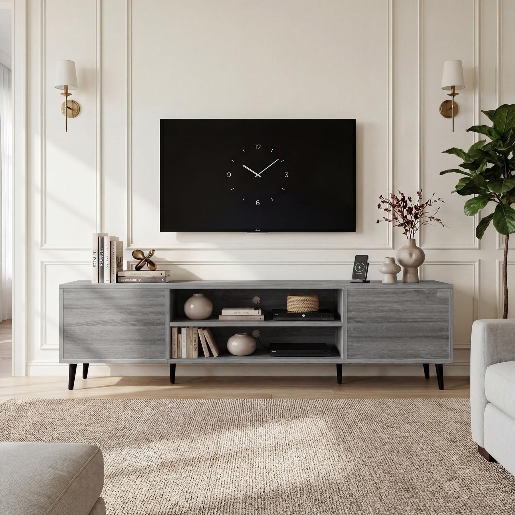 YESHOMY Mid-Century Modern TV Stand, 58 Inch, Light Grey