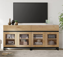 WAMPAT Modern TV Stand with Glass Doors for 80-120 inch TVs, 4 in 1 Entertainment Center Console with 4 Drawers and Metal Base for Living Room, Bedroom, Brown