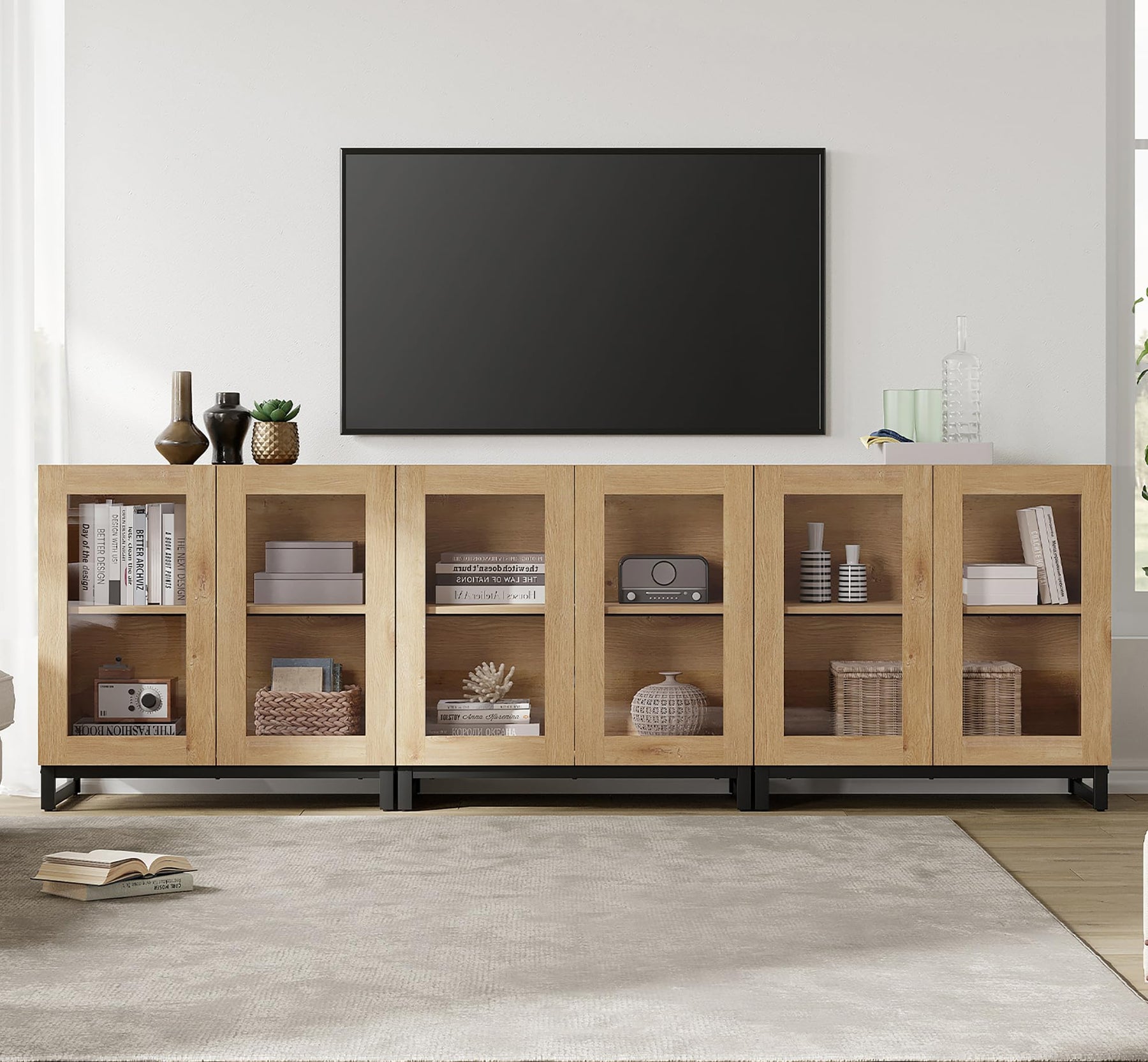 WAMPAT Modern TV Stand with Glass Doors for 80-120 inch TVs, 4 in 1 Entertainment Center Console with 4 Drawers and Metal Base for Living Room, Bedroom, Brown