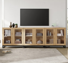 WAMPAT Modern TV Stand with Glass Doors for 80-120 inch TVs, 4 in 1 Entertainment Center Console with 4 Drawers and Metal Base for Living Room, Bedroom, Brown