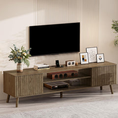 YOSHOOT 63" TV Stand for Living Room, Mid Century Modern Entertainment Center with Power Outlet Fit TVs Up to 70 inch, Fluted Media Console with Open Shelves and Storage Cabinets for Bedroom, Natural