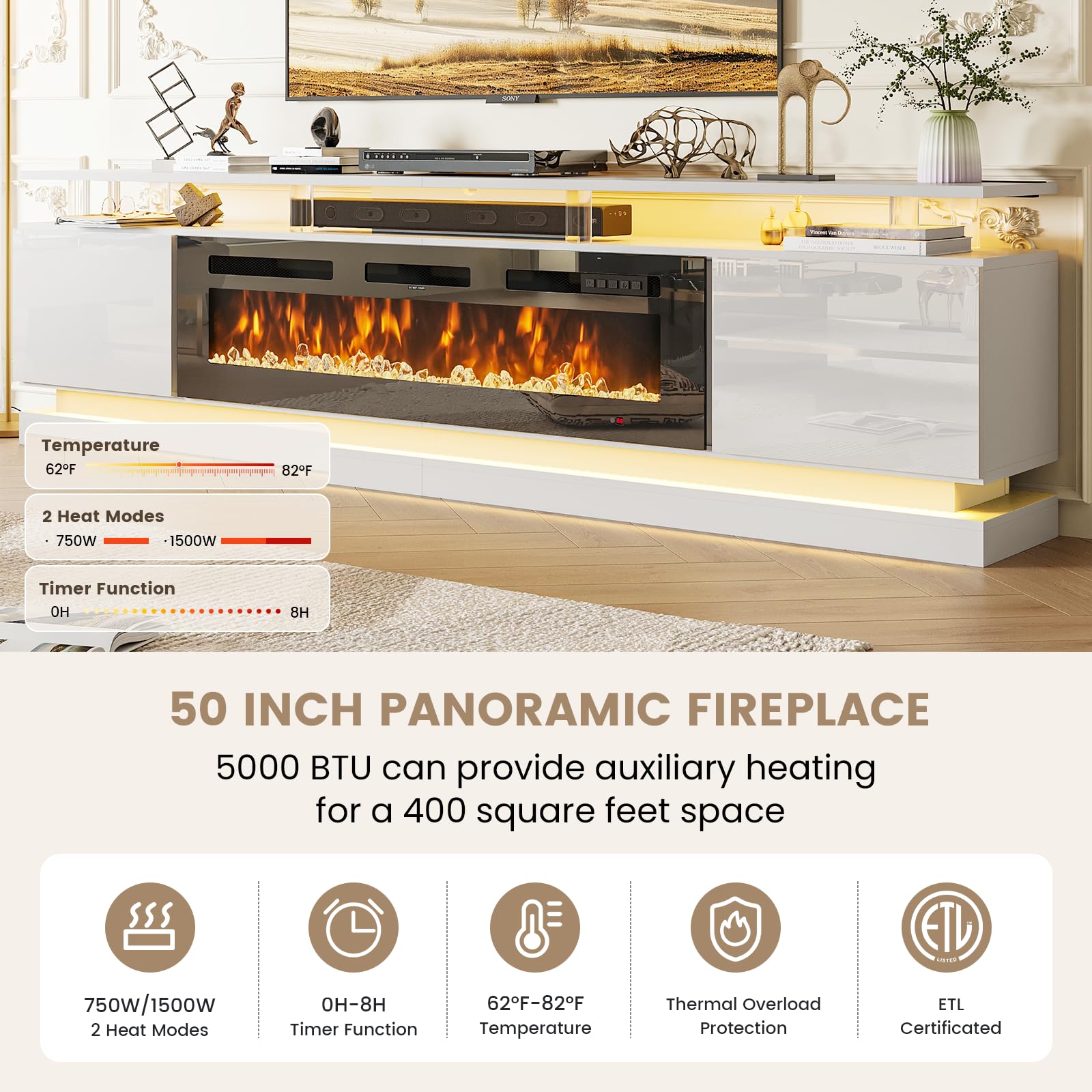 Nordivale 70" Fireplace TV Stand, Modern Entertainment Center for TVs Up to 80”, TV Console with Storage Cabinets, Media Console for Living Room, Black TV Stand and Black Fireplace