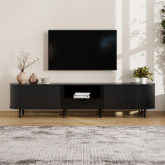 DHH 86.6" Fluted TV Stand with Power Outlet for TVs up to 90", TV Console with Adjustable Shelves and Sliding Door,Mid Century Modern Entertainment Center for Living Room,Bedroom (Walnut)