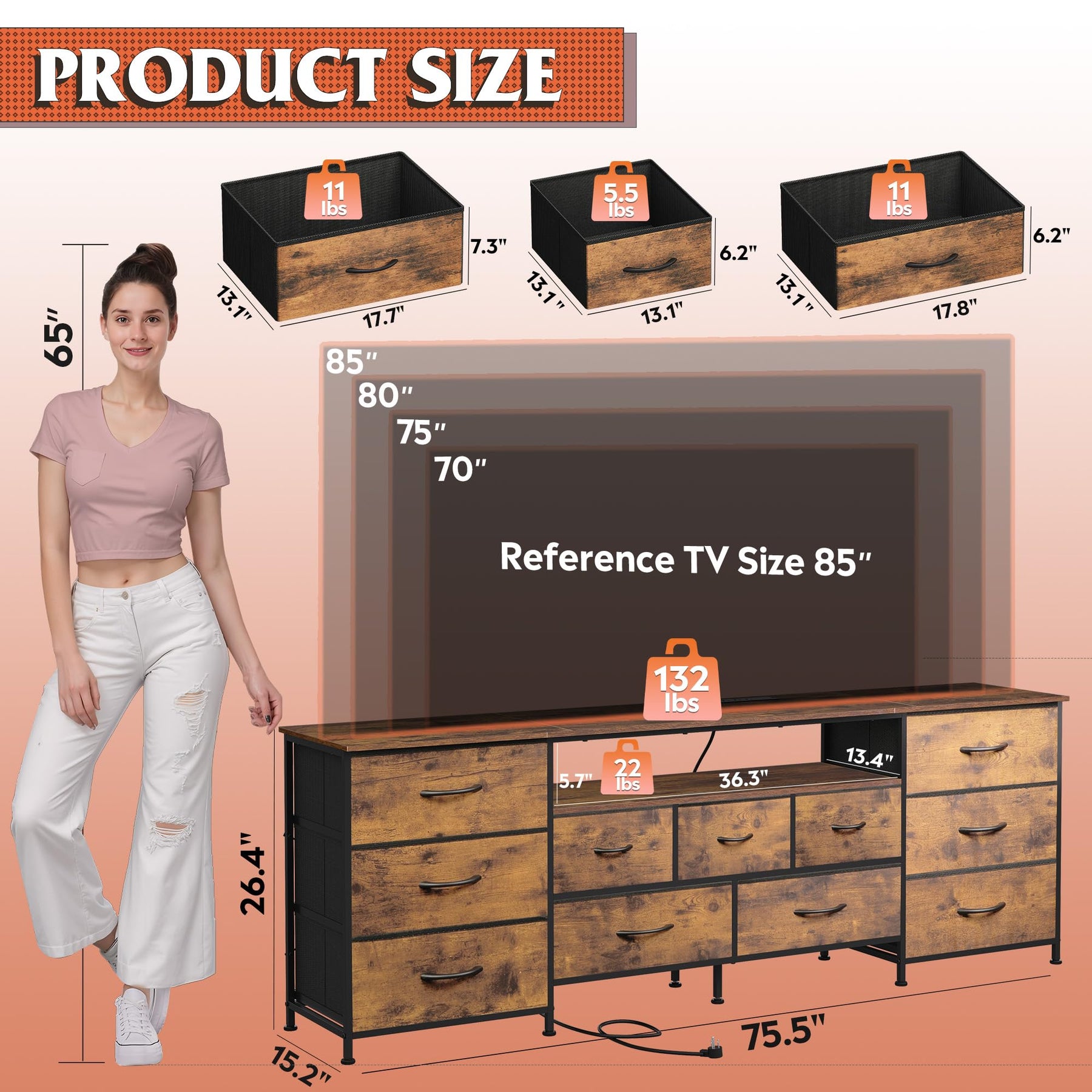 WLIVE LED Dresser TV Stand for 65 Inch TV, 8 Drawers, Rustic Brown