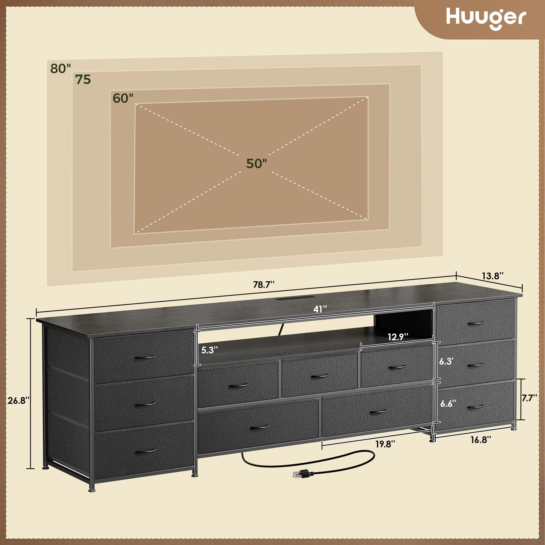 Huuger 63 Inch TV Stand for 65, 70 Inch TV, 11 Drawer Long Dresser with Power Outlets and LED Lights, Entertainment Center with Storage, Black Dresser with PU Leather Surface