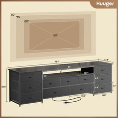 Huuger 63 Inch TV Stand for 65, 70 Inch TV, 11 Drawer Long Dresser with Power Outlets and LED Lights, Entertainment Center with Storage, Black Dresser with PU Leather Surface