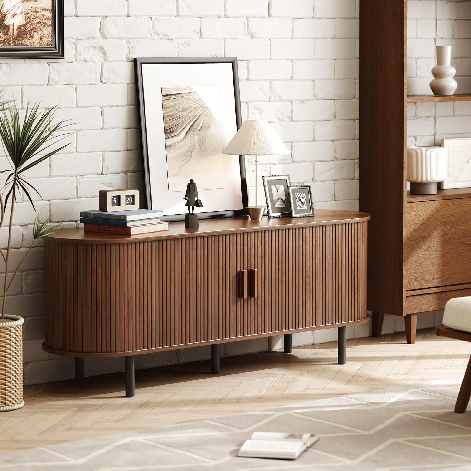 ONBRILL 70.8" TV Stand with Power Outlet for TVs up to 75 Inch, Entertainment Center with Storage and Adjustable Shelves, Modern Media Console with Sliding Doors for Living Room, Walnut