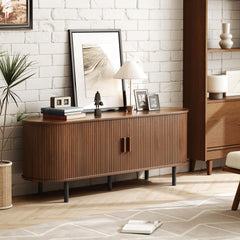 ONBRILL 70.8" TV Stand with Power Outlet for TVs up to 75 Inch, Entertainment Center with Storage and Adjustable Shelves, Modern Media Console with Sliding Doors for Living Room, Walnut