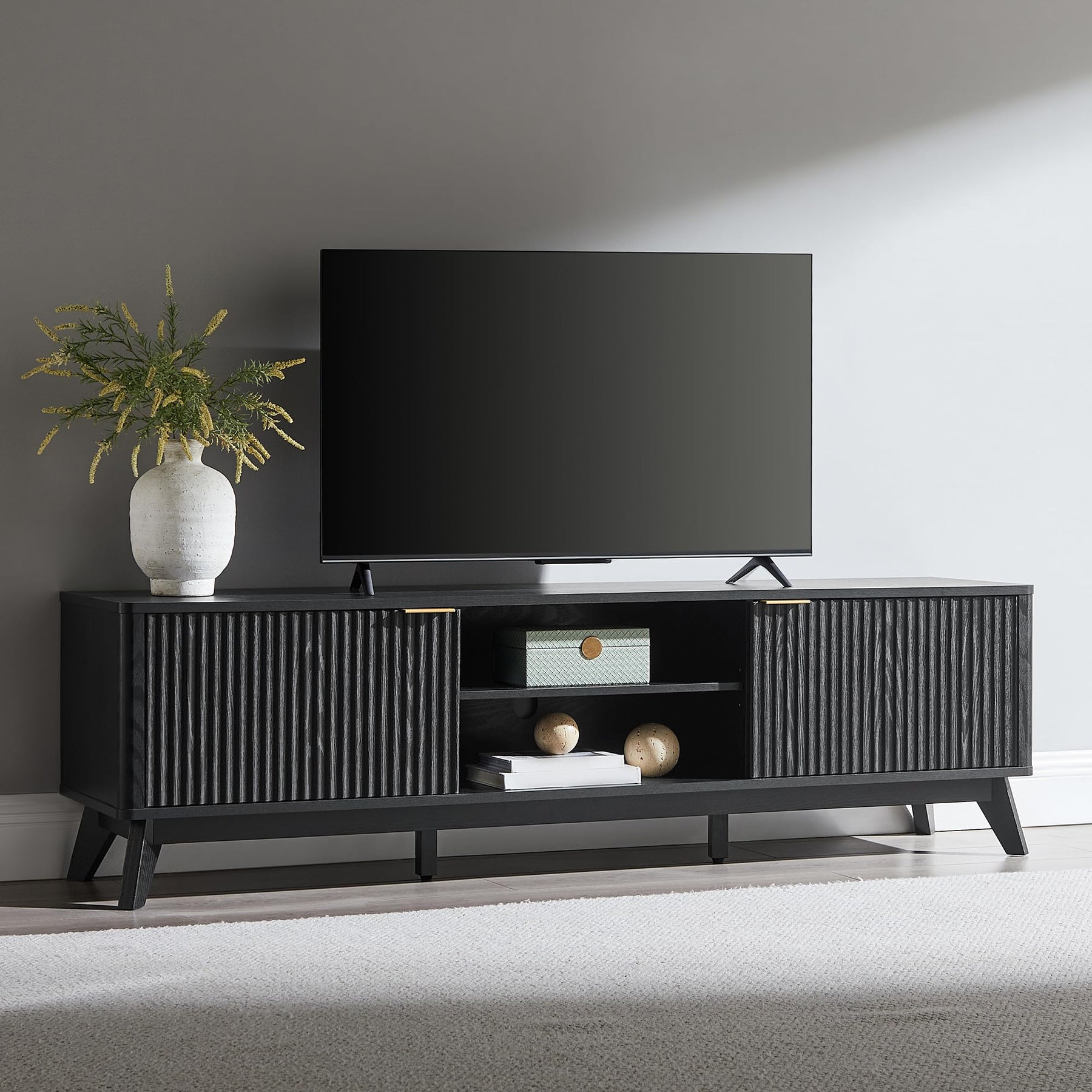 OKD 70" Mid Century Modern Fluted TV Stand w/ 2 Soft Close Door,Natural Oak