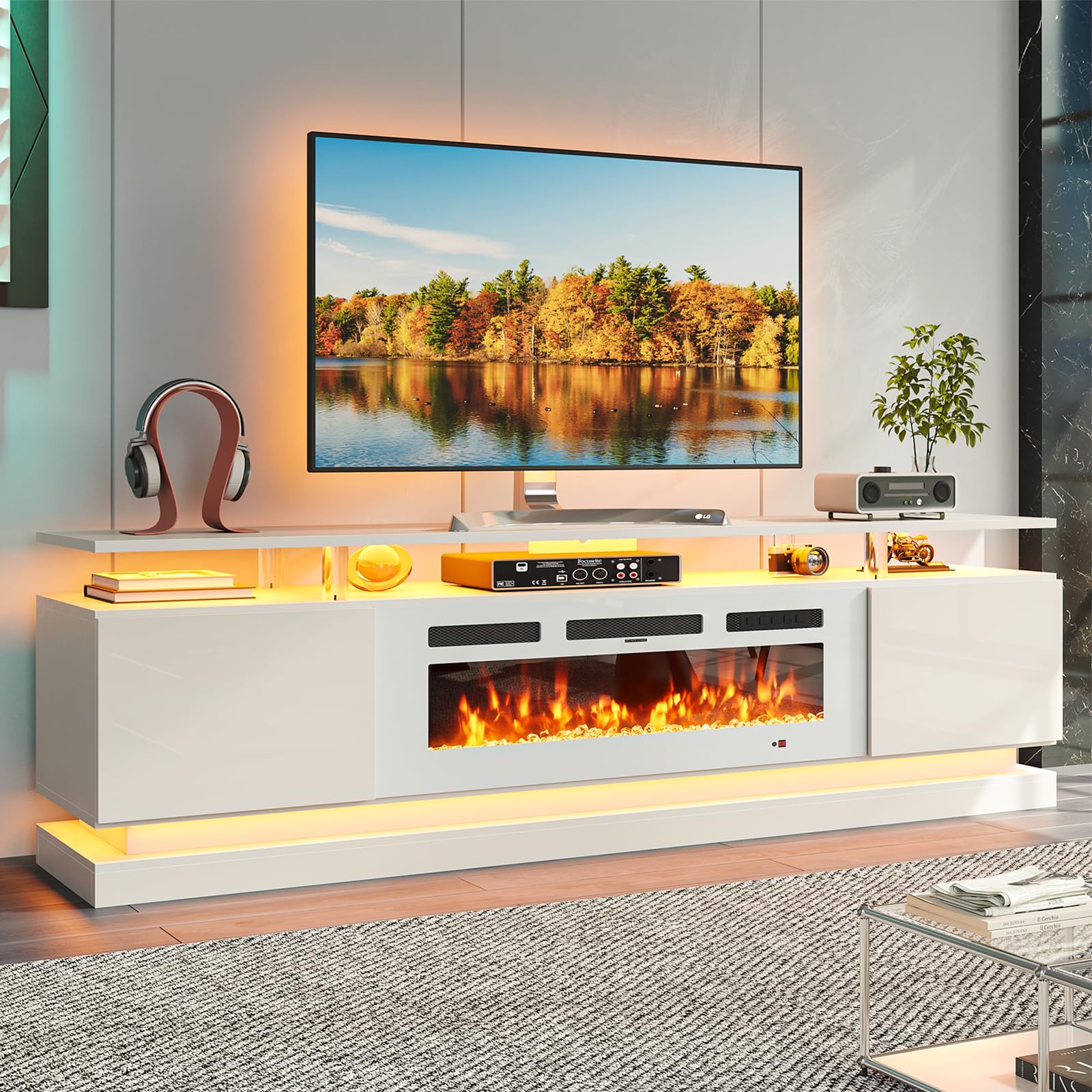 Nordivale 70" Fireplace TV Stand, Modern Entertainment Center for TVs Up to 80”, TV Console with Storage Cabinets, Media Console for Living Room, Black TV Stand and Black Fireplace