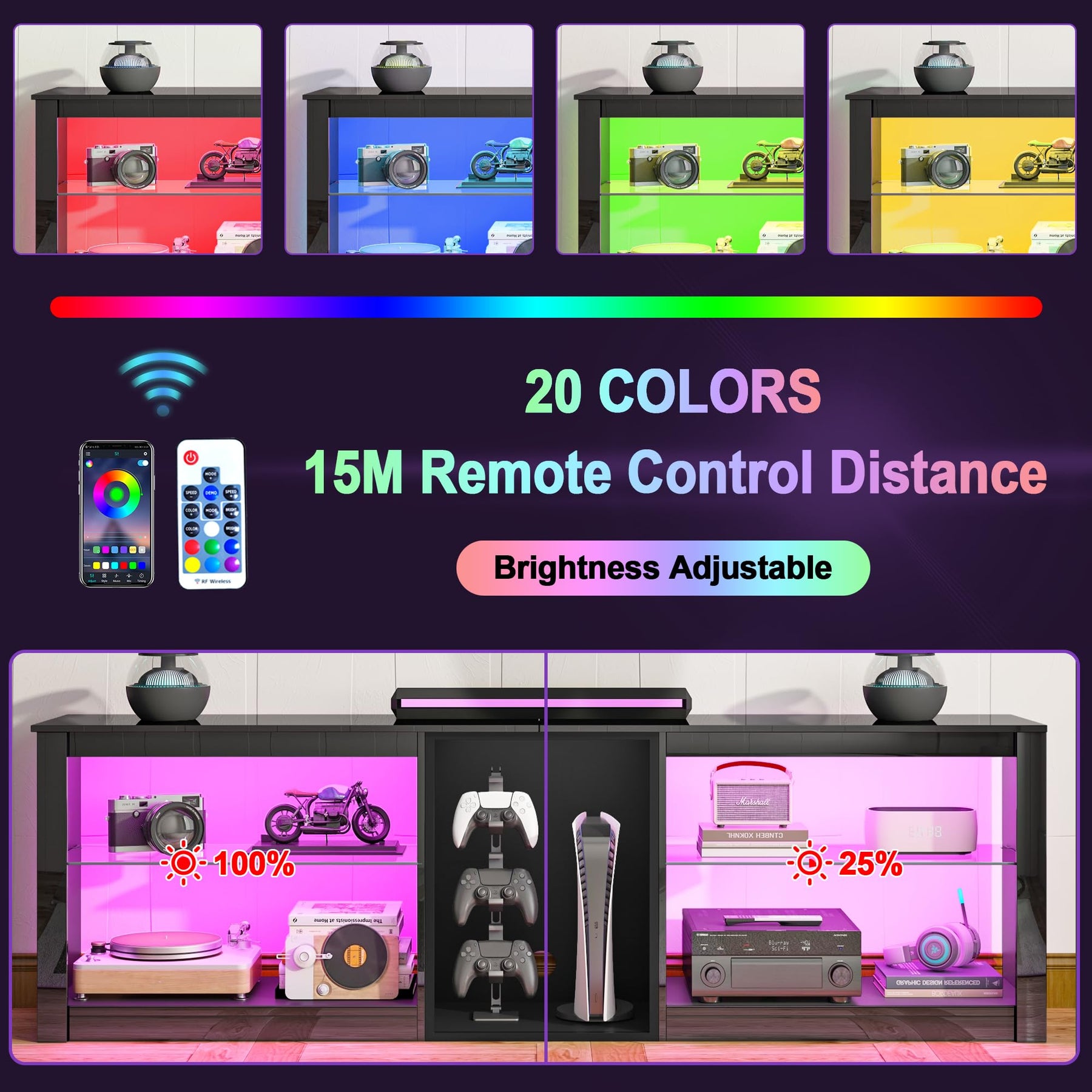 Clikuutory Modern 63 inch TV Stand with LED Lights for 50 55 60 65 70 75 inch TVs, High Gloss Entertainment Center for PS5, TV Cabinet with Glass Shelves for Living Room, Bedroom, Bright Black