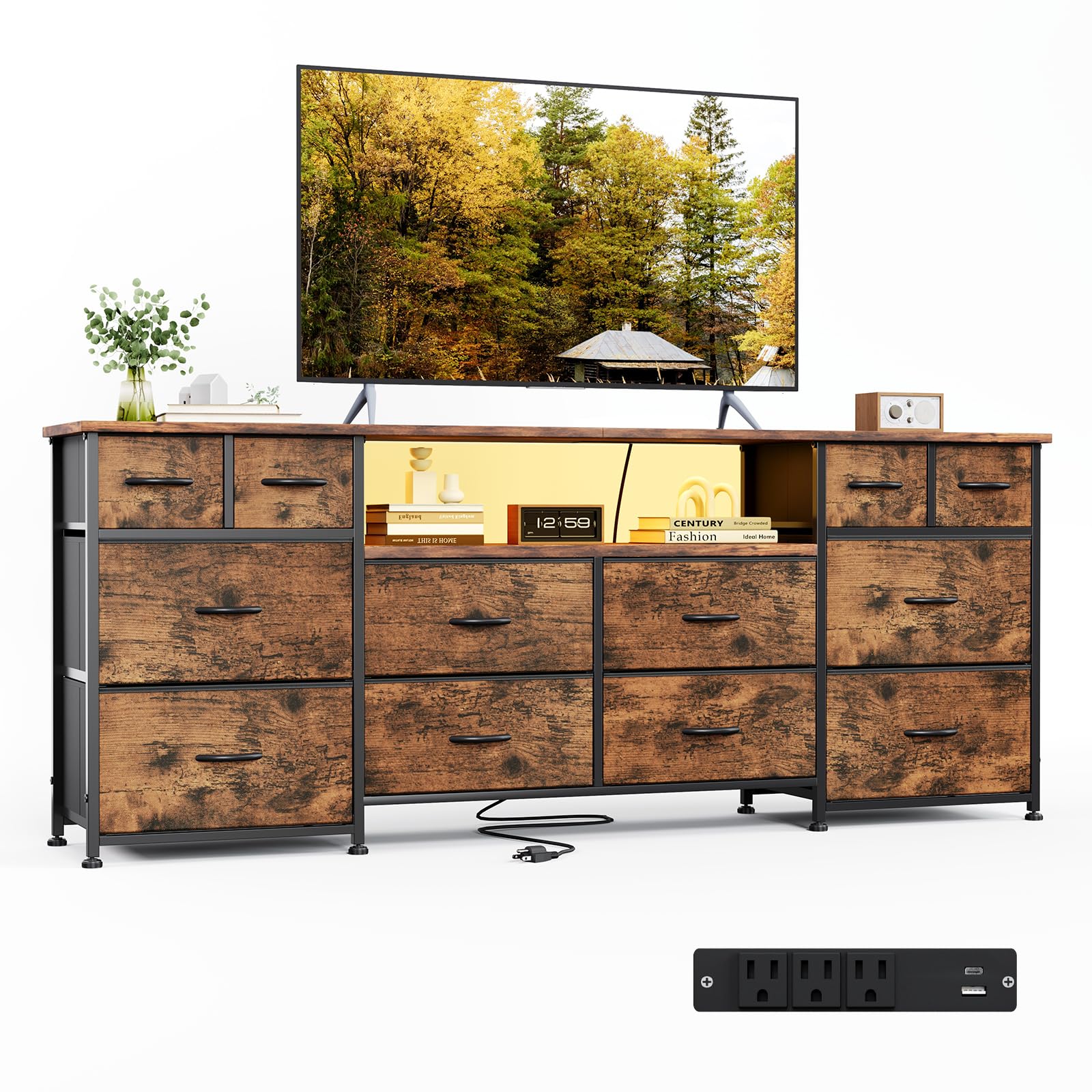 VERMESS 63 Inch 12 Drawers Long Dresser for Bedroom, Chest of Drawers, TV Stand with LED & Power Outlets, Entertainment Center with Storage Shelves, TV Unit for Living Room, for 65, 70 Inch TV, Black