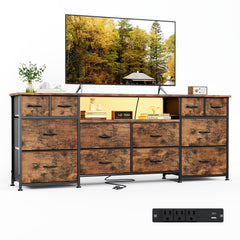 VERMESS 63 Inch 12 Drawers Long Dresser for Bedroom, Chest of Drawers, TV Stand with LED & Power Outlets, Entertainment Center with Storage Shelves, TV Unit for Living Room, for 65, 70 Inch TV, Black