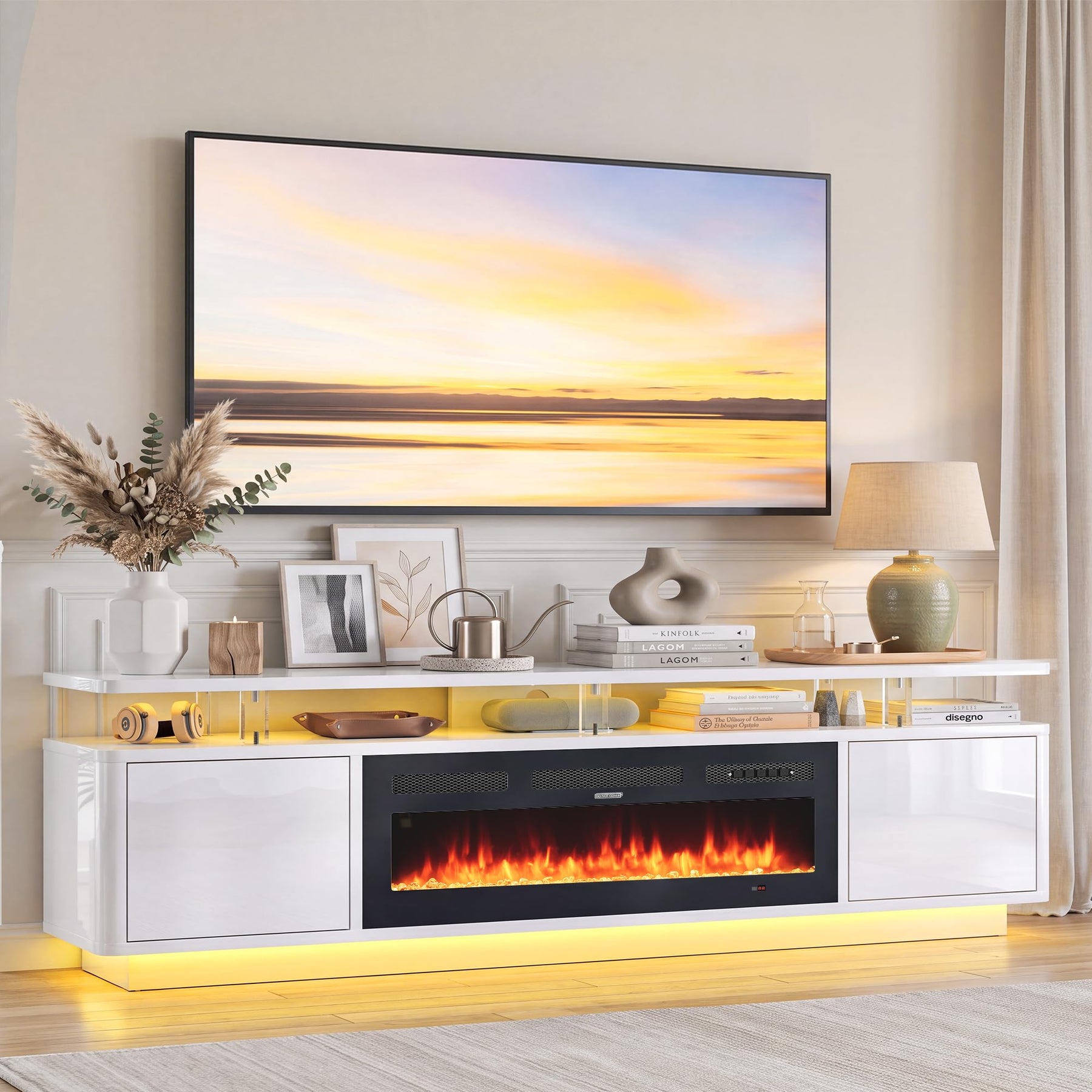 OneBlis 70" Fireplace TV Stand with Double LED Lights for TVs UP to 80", Electric Fireplace Entertainment Center with Storage Cabinets, TV Console for Living Room, Office, Black1