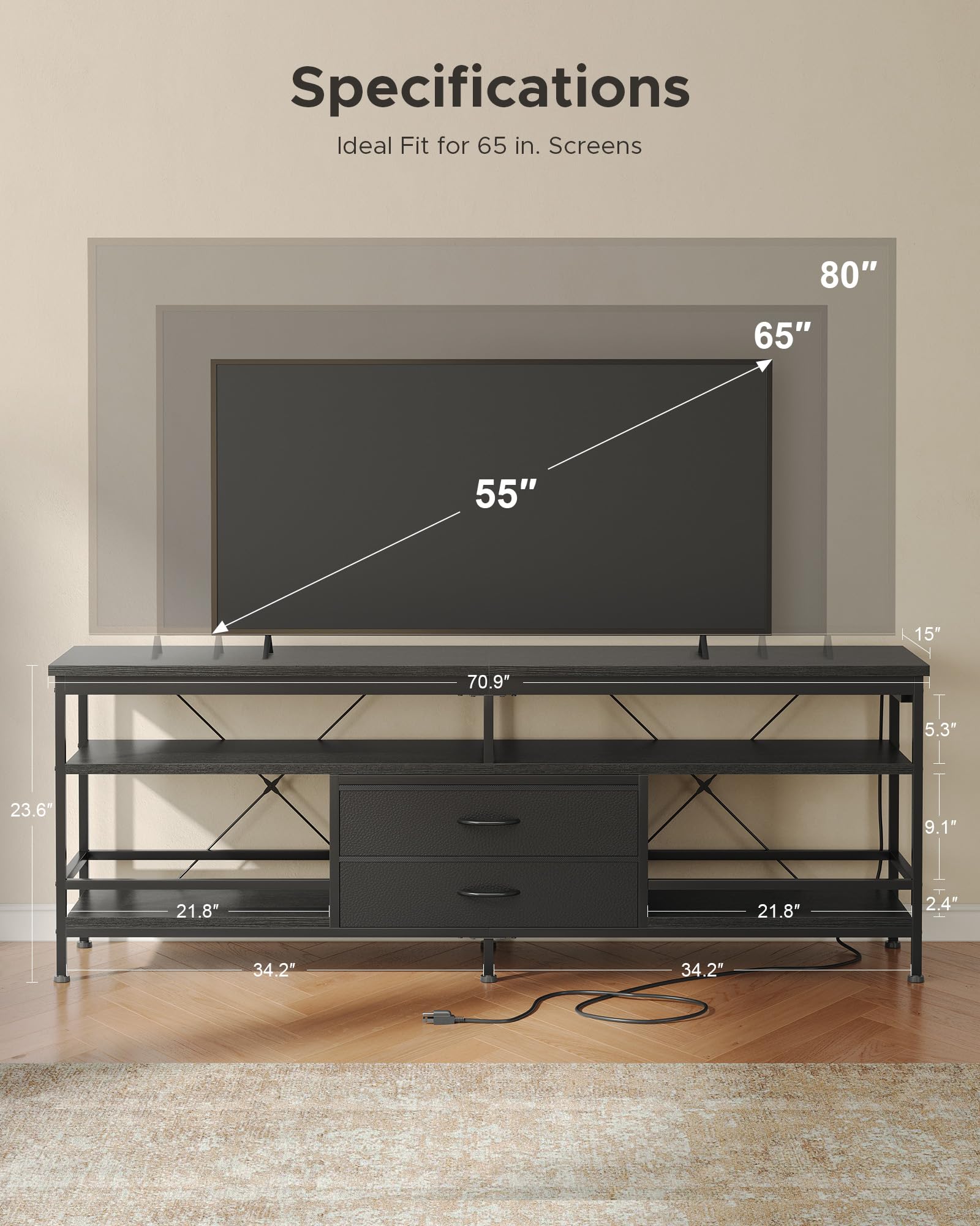 Lazzanto 63in TV Stand for 55-75in TVs, LED Lights, Charging Station, Black