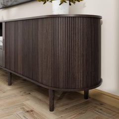 DHH 86.6" Fluted TV Stand with Power Outlet for TVs up to 90", TV Console with Adjustable Shelves and Sliding Door,Mid Century Modern Entertainment Center for Living Room,Bedroom (Walnut)