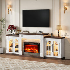 HolliWill 104" Fireplace TV Stand for TVs Up to 100 Inch, LED Electric Fireplace with Mantel and Sideboard Cabinets, Entertainment Center with 4 Glass Doors and Outlet, Modern for Living Room