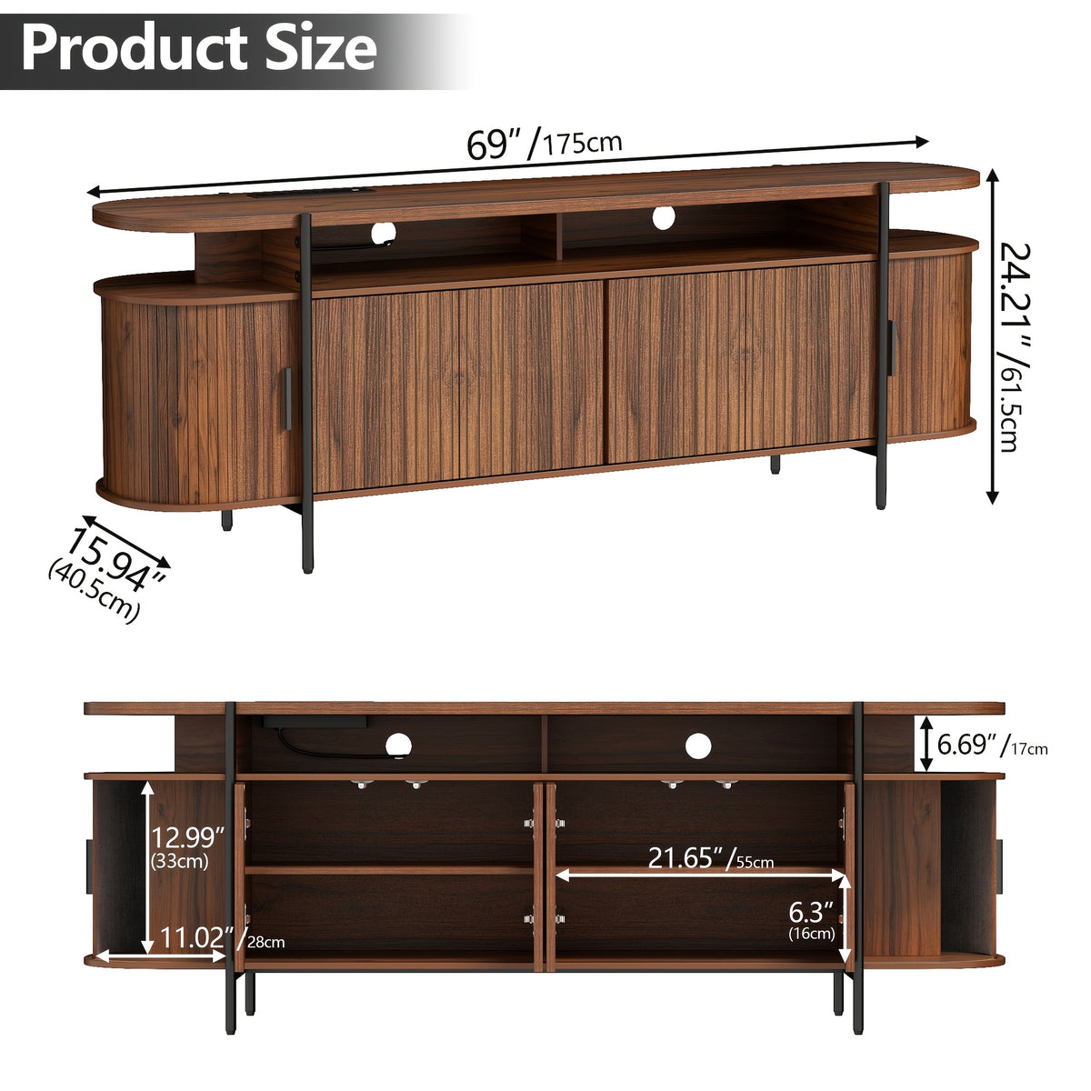 69" Walnut TV Stand for Tvs Up to 80'', Long Fluted Entertainment Center with Sliding Doors And Charging Station for Living Room