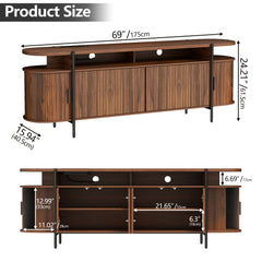 69" Walnut TV Stand for Tvs Up to 80'', Long Fluted Entertainment Center with Sliding Doors And Charging Station for Living Room