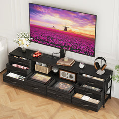 Welfuturer 70.8" W TV Stand with Mount and Power Outlet for 65/70/75/80 Inch TV, Farmhouse Entertainment Center with 8 Fabric Drawers, LED Lights and Open Storage Shelves for Living Room