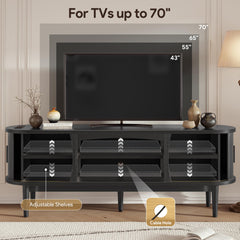 Decofy Mid Century TV Stand for TVs up to 80 Inches, Entertainment Center with Storage, Power Outlet, Fluted Sliding Doors & Adjustable Shelves, Modern Media TV Console Table for Living Room (Walnut)