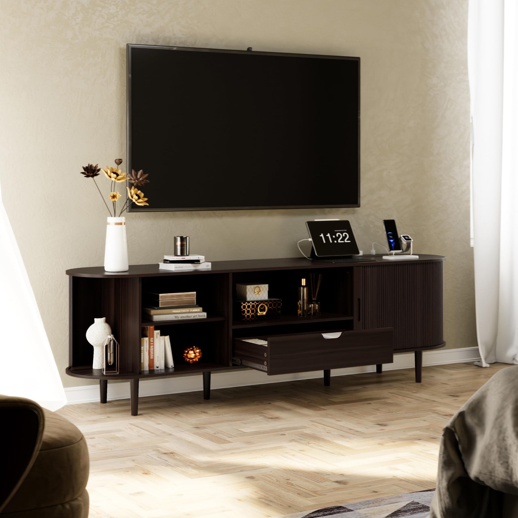 DHH 86.6" Fluted TV Stand with Power Outlet for TVs up to 90", TV Console with Adjustable Shelves and Sliding Door,Mid Century Modern Entertainment Center for Living Room,Bedroom (Walnut)
