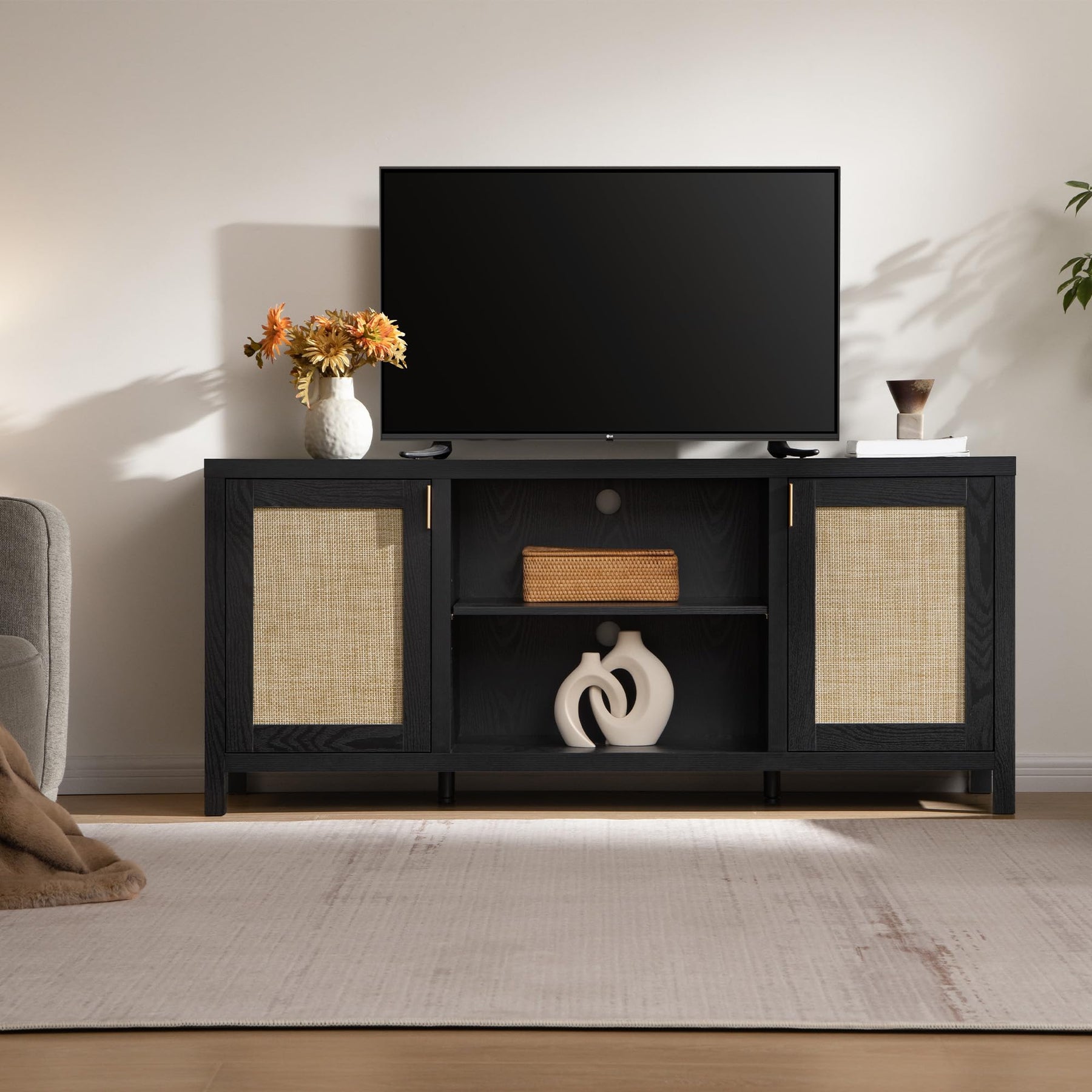 SICOTAS TV Stands for Living Room 59" Rattan TV Console with Storage