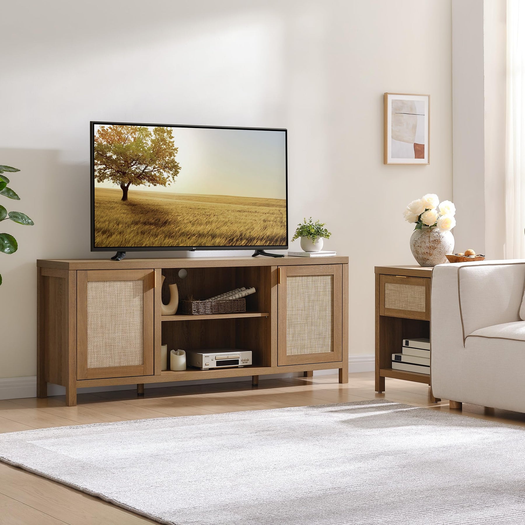 SICOTAS TV Stands for Living Room 59" Rattan TV Console with Storage