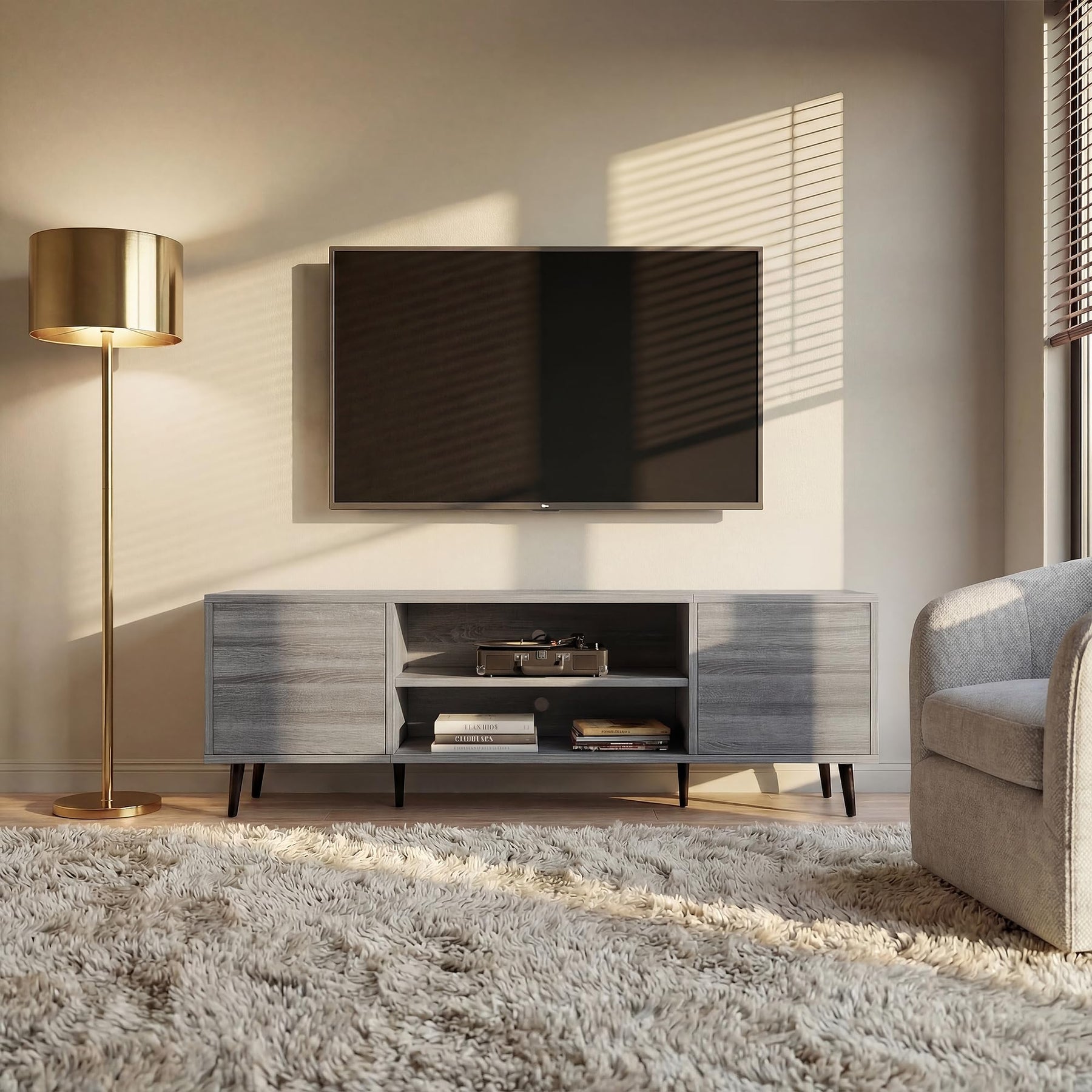 YESHOMY Mid-Century Modern TV Stand, 58 Inch, Light Grey