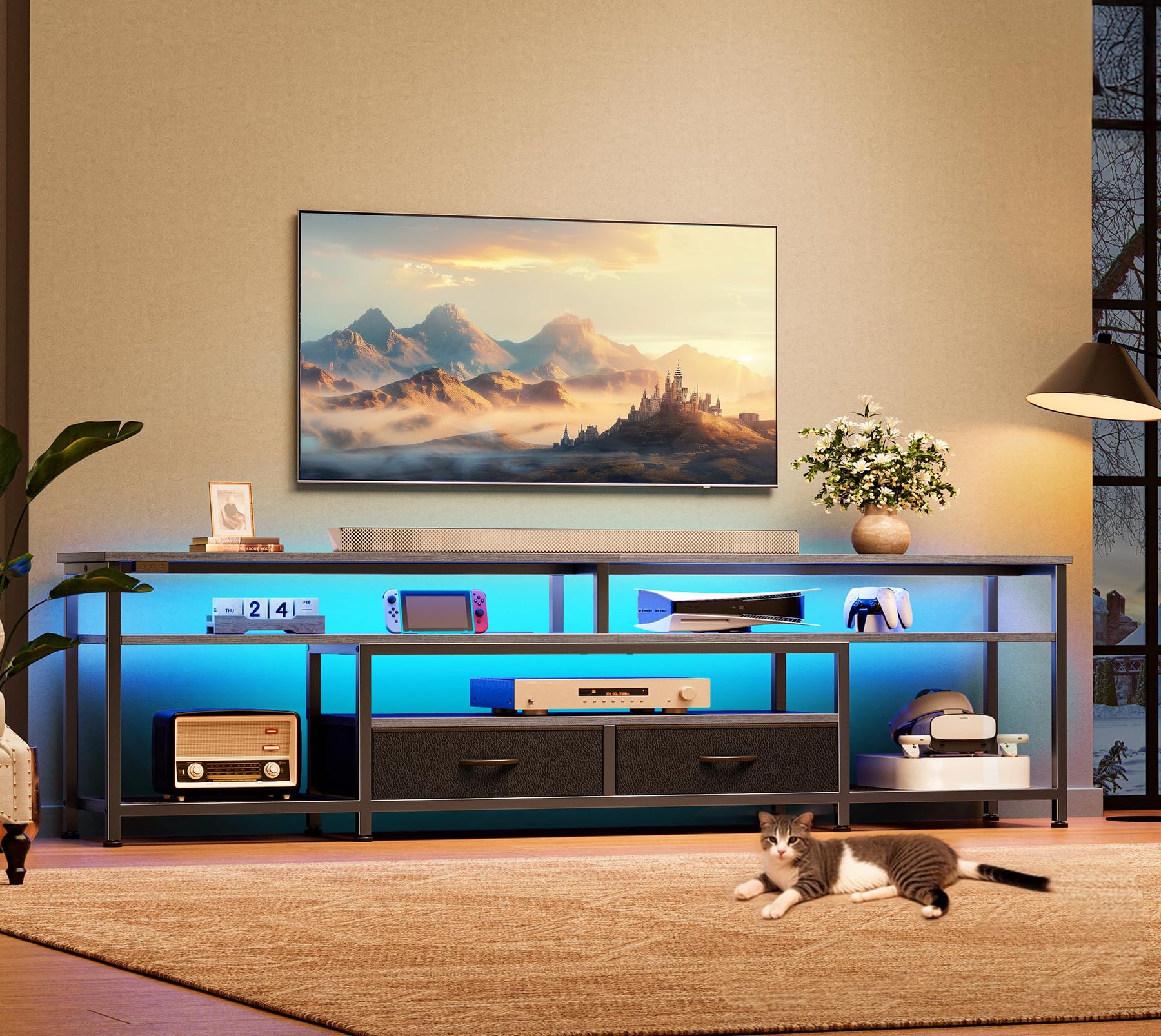 Huuger 63 Inch LED TV Stand for 65 70 Inch TV, Entertainment Center with Open Shelves and Power Outlets, TV Console for Living Room, Media Console with Drawers, Black