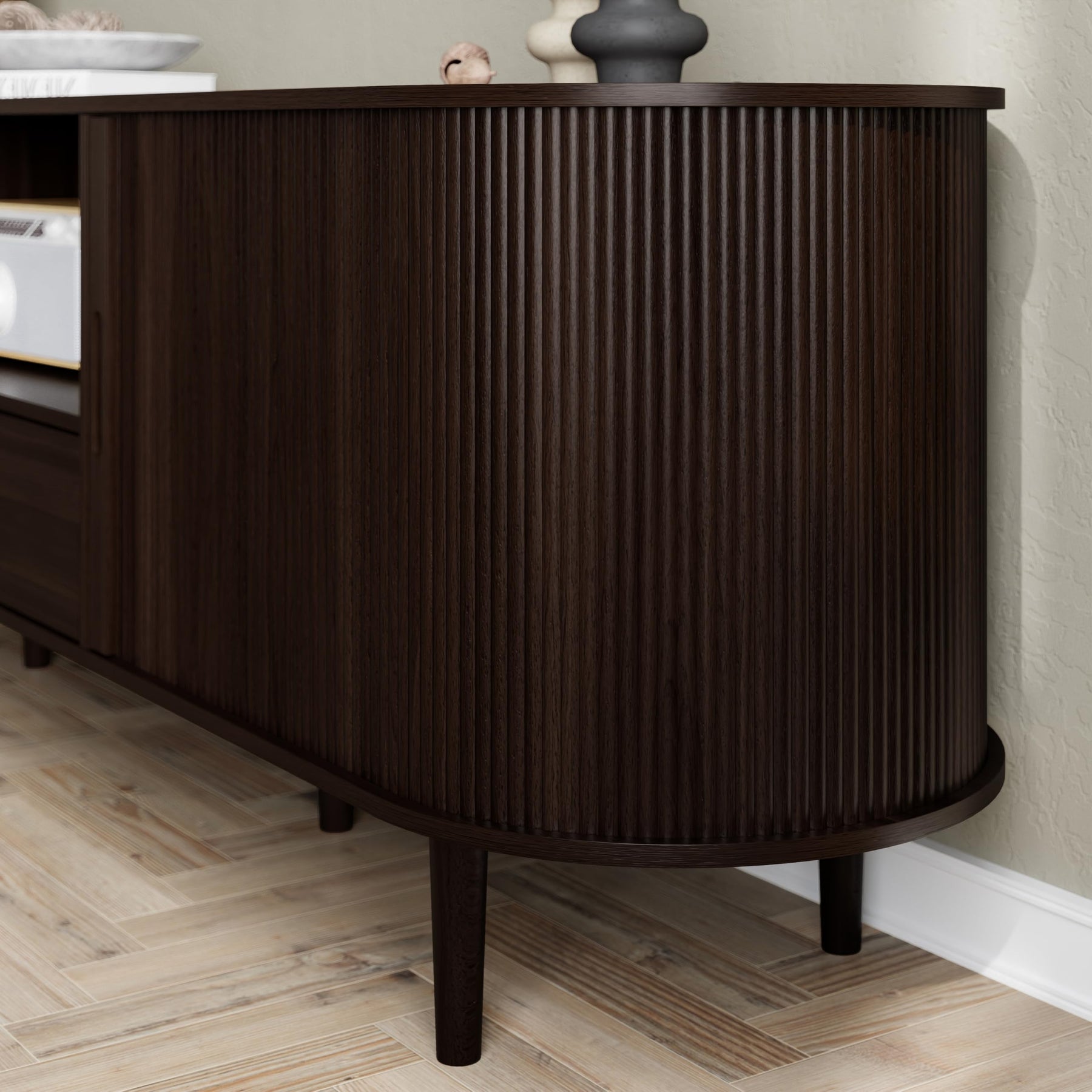 DHH 86.6" Fluted TV Stand with Power Outlet for TVs up to 90", TV Console with Adjustable Shelves and Sliding Door,Mid Century Modern Entertainment Center for Living Room,Bedroom (Walnut)