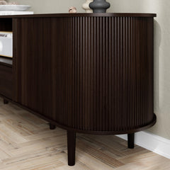 DHH 86.6" Fluted TV Stand with Power Outlet for TVs up to 90", TV Console with Adjustable Shelves and Sliding Door,Mid Century Modern Entertainment Center for Living Room,Bedroom (Walnut)