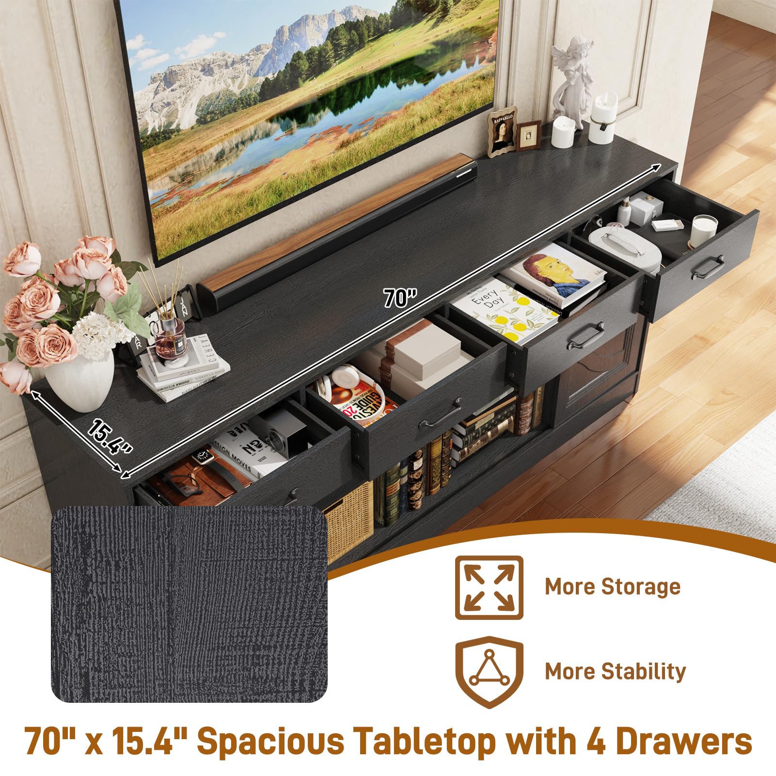 70" Large Farmhouse Tall TV Stand for 85/80/75/70 Inch TVs,4 Drawers,Brown