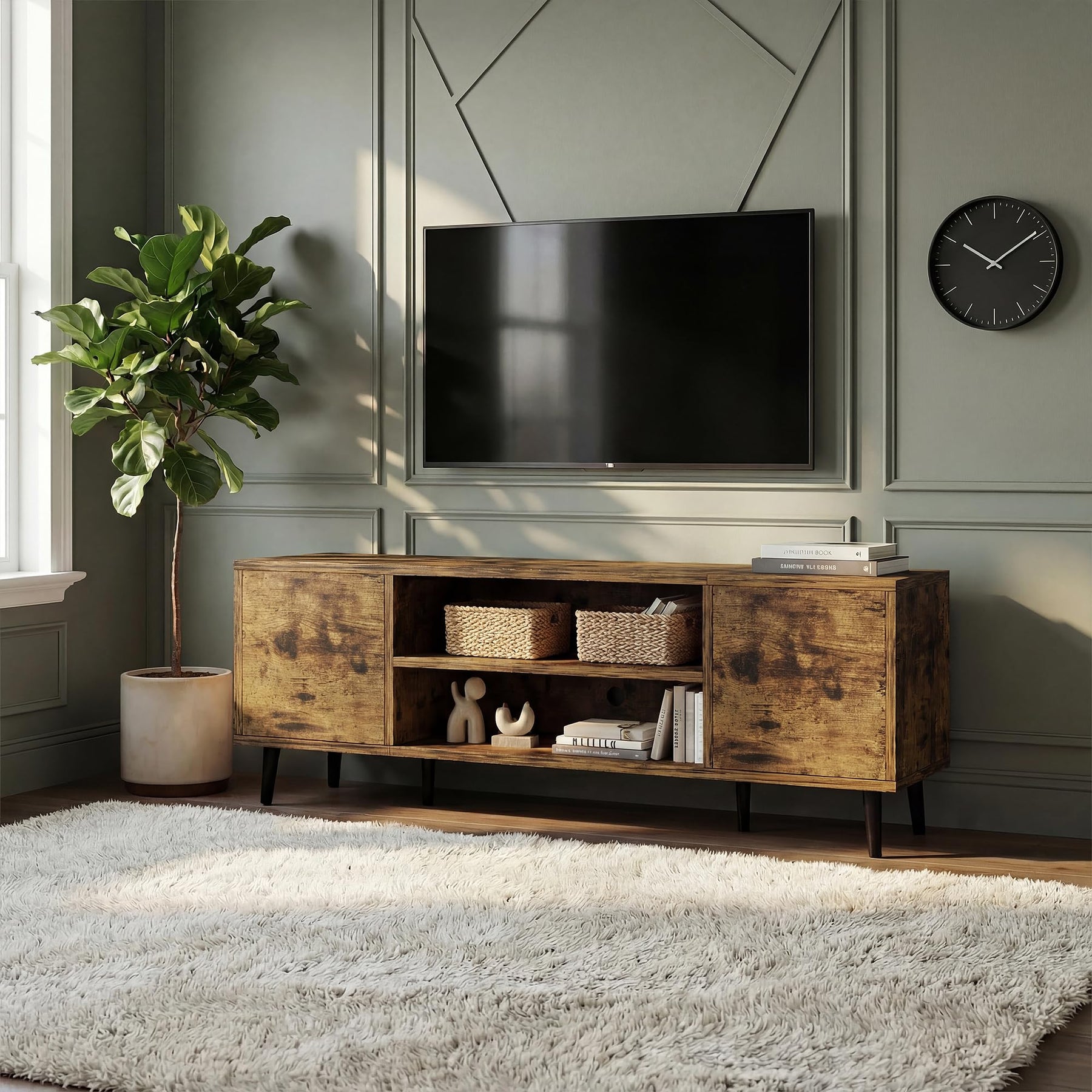 YESHOMY Mid-Century Modern TV Stand, 58 Inch, Light Grey