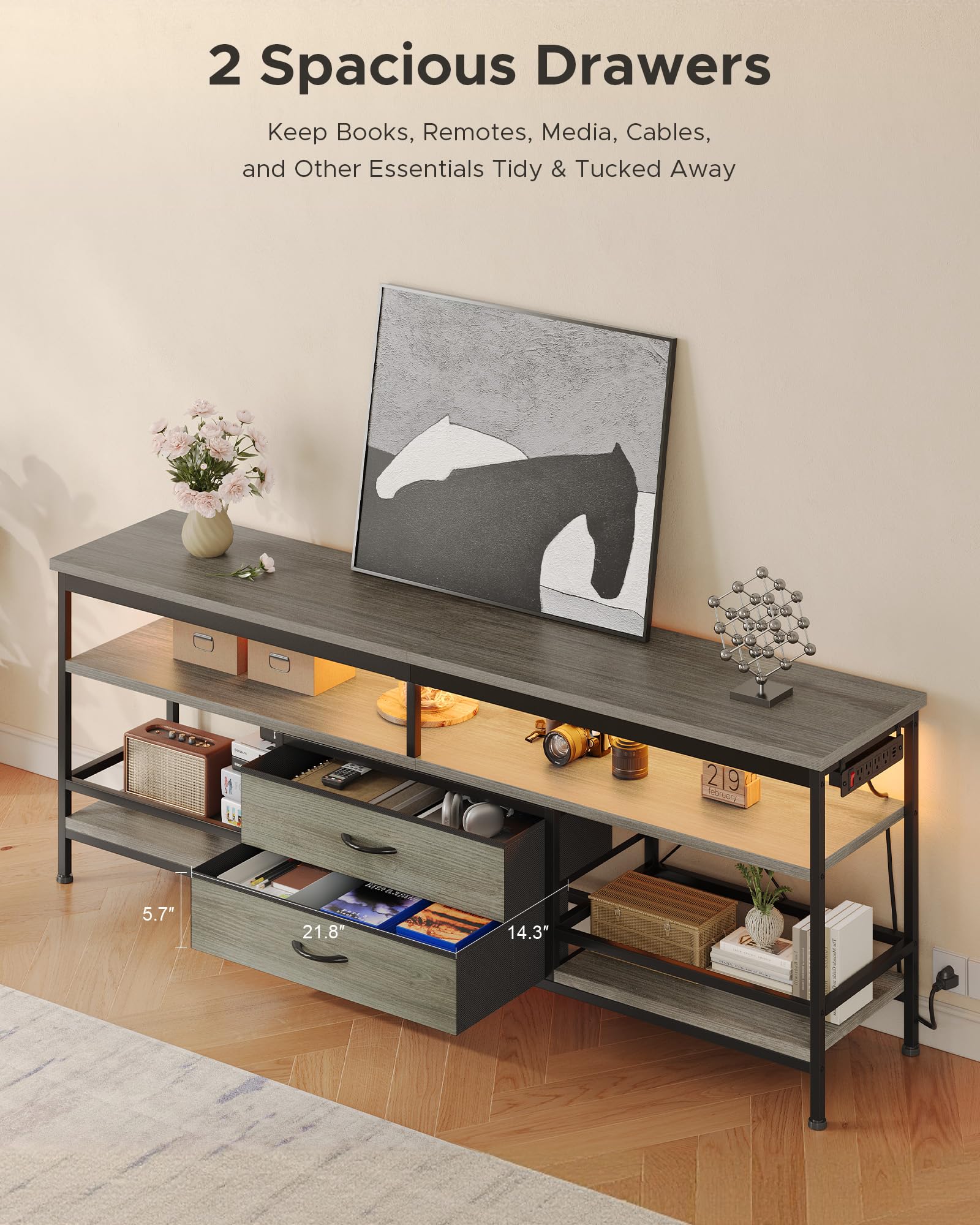 Lazzanto 63in TV Stand for 55-75in TVs, LED Lights, Charging Station, Black