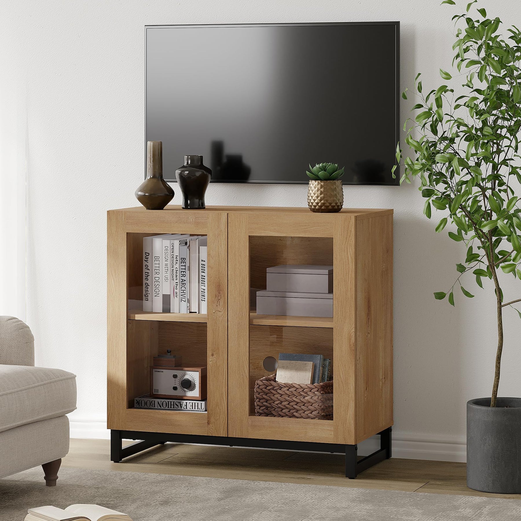 WAMPAT Modern TV Stand with Glass Doors for 80-120 inch TVs, 4 in 1 Entertainment Center Console with 4 Drawers and Metal Base for Living Room, Bedroom, Brown