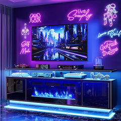 OneBlis 70" Fireplace TV Stand with Double LED Lights for TVs UP to 80", Electric Fireplace Entertainment Center with Storage Cabinets, TV Console for Living Room, Office, Black1