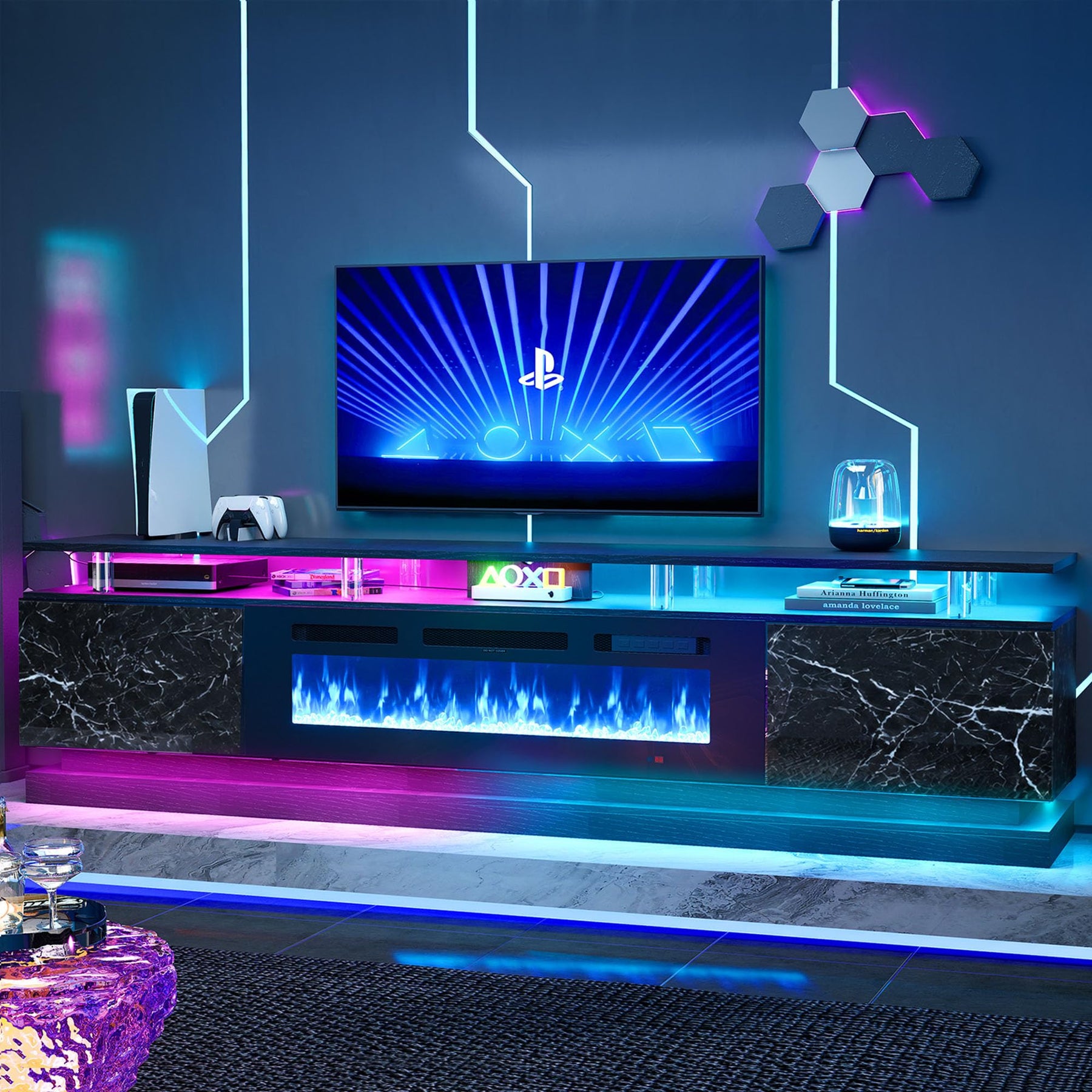 Nordivale 70" Fireplace TV Stand, Modern Entertainment Center for TVs Up to 80”, TV Console with Storage Cabinets, Media Console for Living Room, Black TV Stand and Black Fireplace