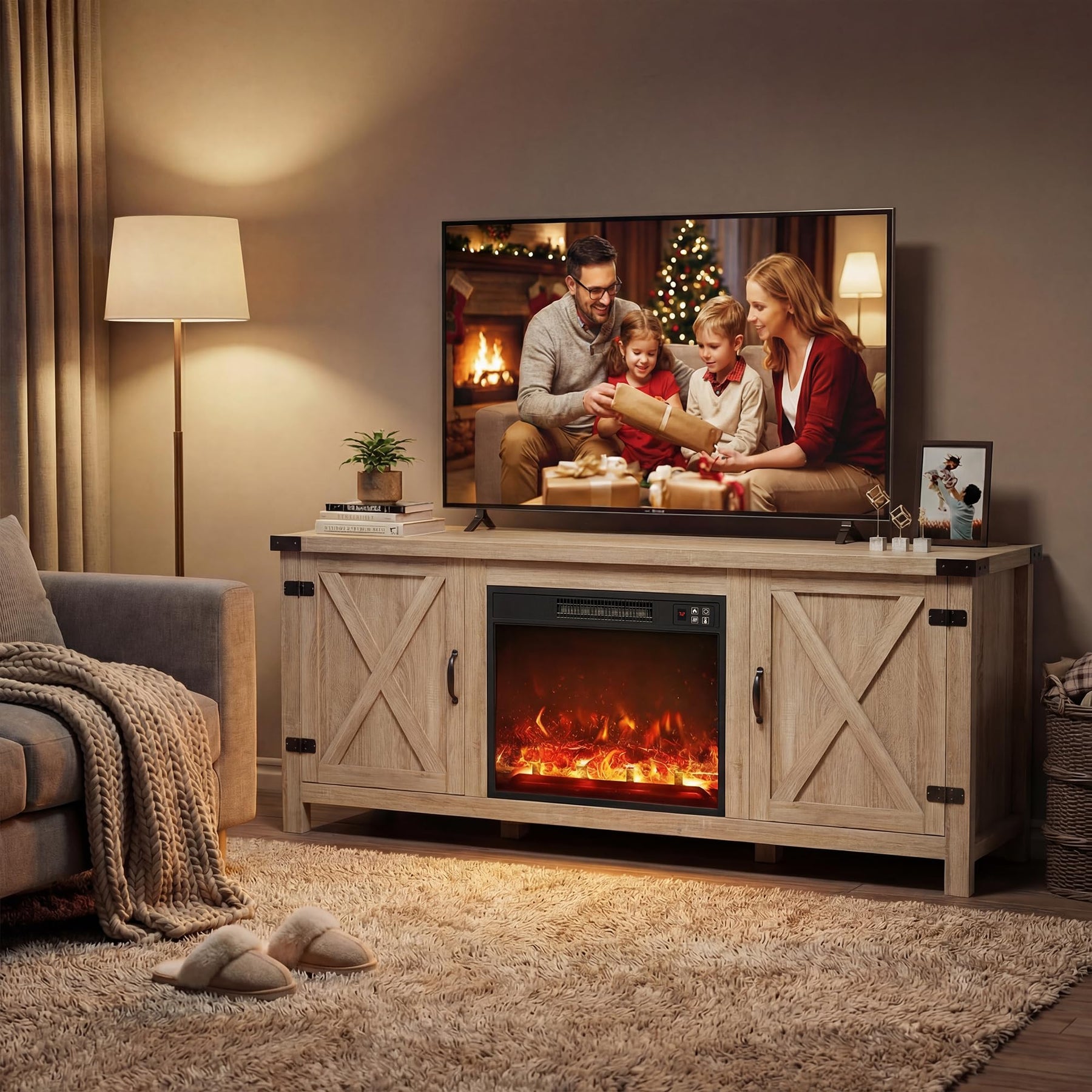 YESHOMY Modern Farmhouse TV Stand with Barn Door for 65 Inch TV, Gray Wash