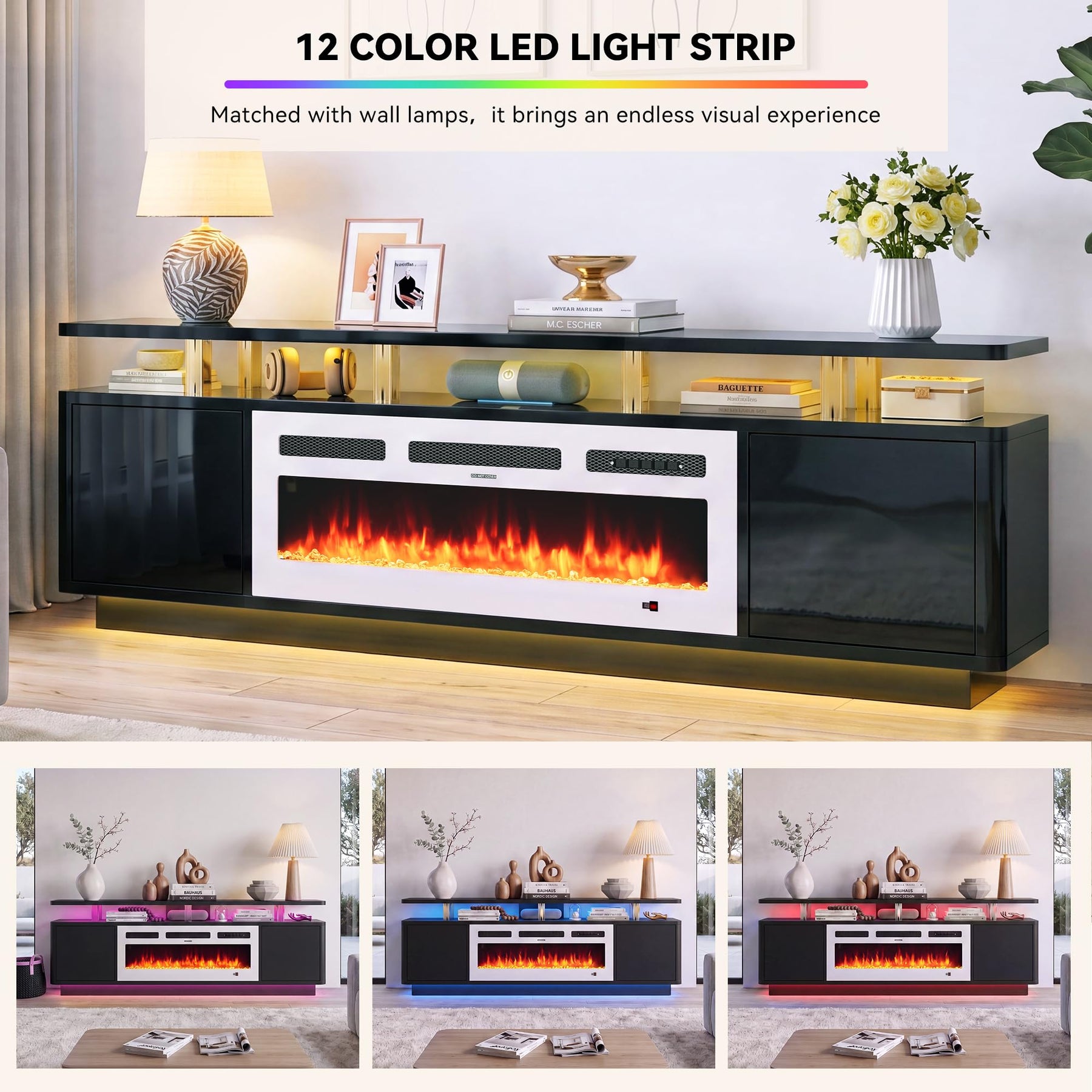 OneBlis 70" Fireplace TV Stand with Double LED Lights for TVs UP to 80", Electric Fireplace Entertainment Center with Storage Cabinets, TV Console for Living Room, Office, Black1