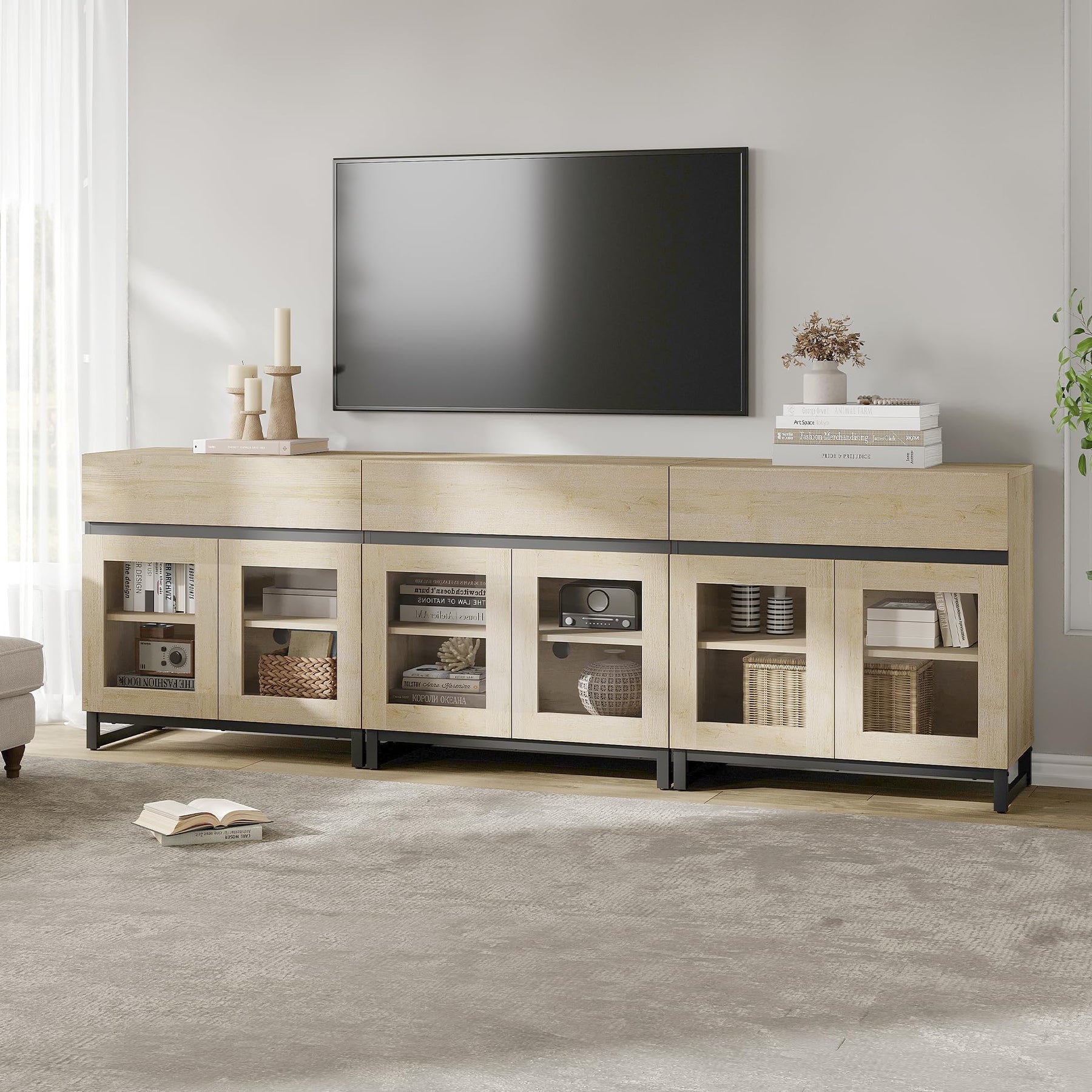 WAMPAT Modern TV Stand with Glass Doors for 80-120 inch TVs, 4 in 1 Entertainment Center Console with 4 Drawers and Metal Base for Living Room, Bedroom, Brown