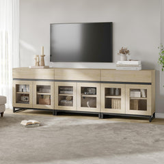 WAMPAT Modern TV Stand with Glass Doors for 80-120 inch TVs, 4 in 1 Entertainment Center Console with 4 Drawers and Metal Base for Living Room, Bedroom, Brown