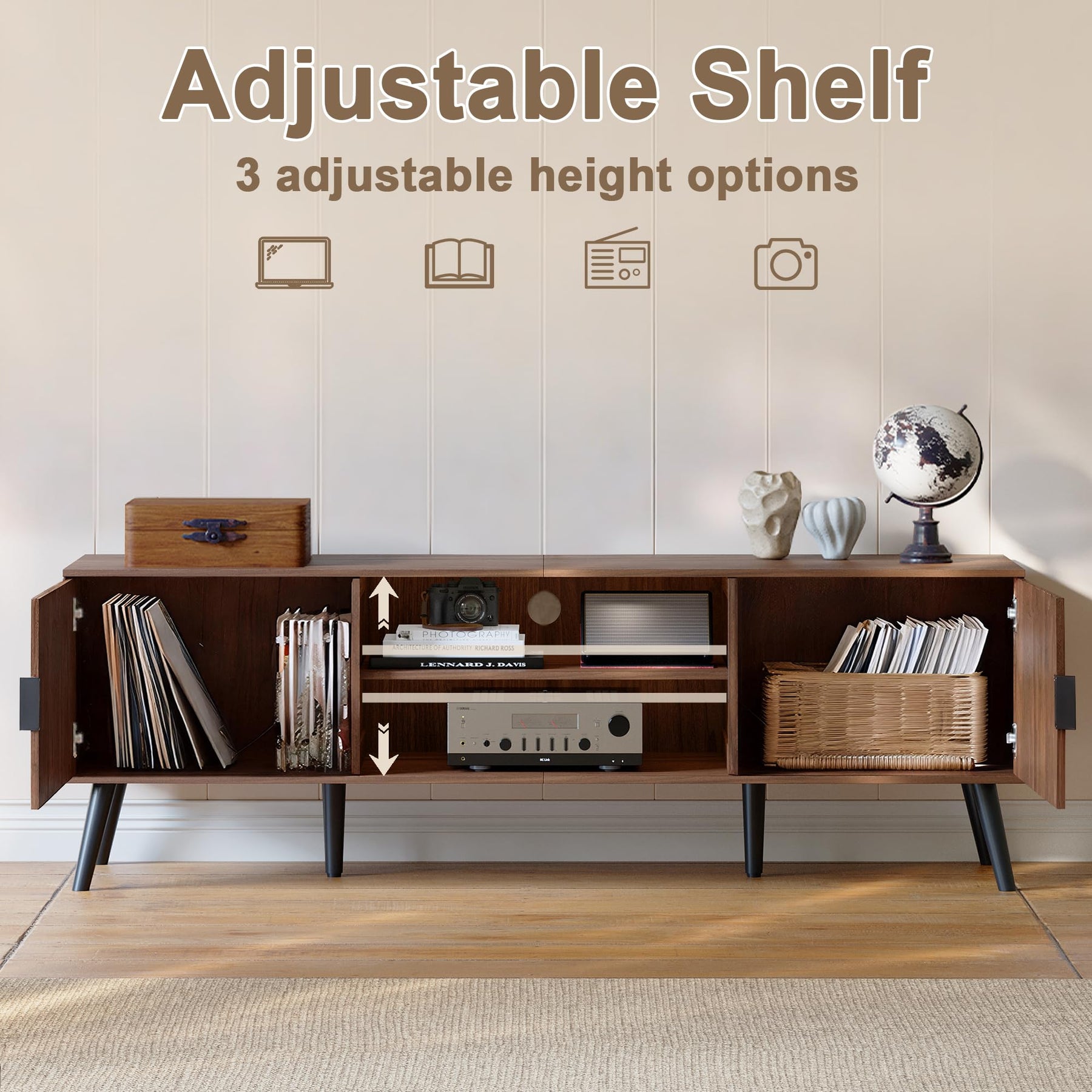 ChooChoo TV Stand with Open Shelves for 65 Inch TVs, Mid Century