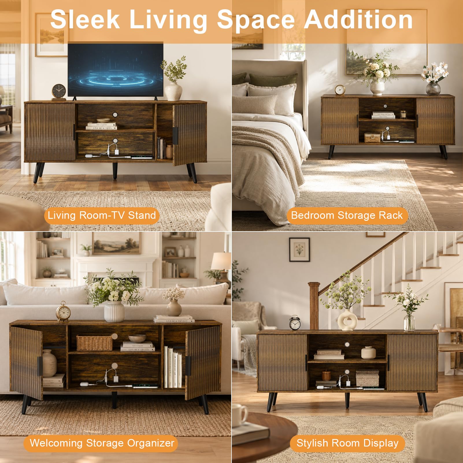 ACOHOOK Walnut 60" Mid-Century TV Stand with Storage Open Shelf