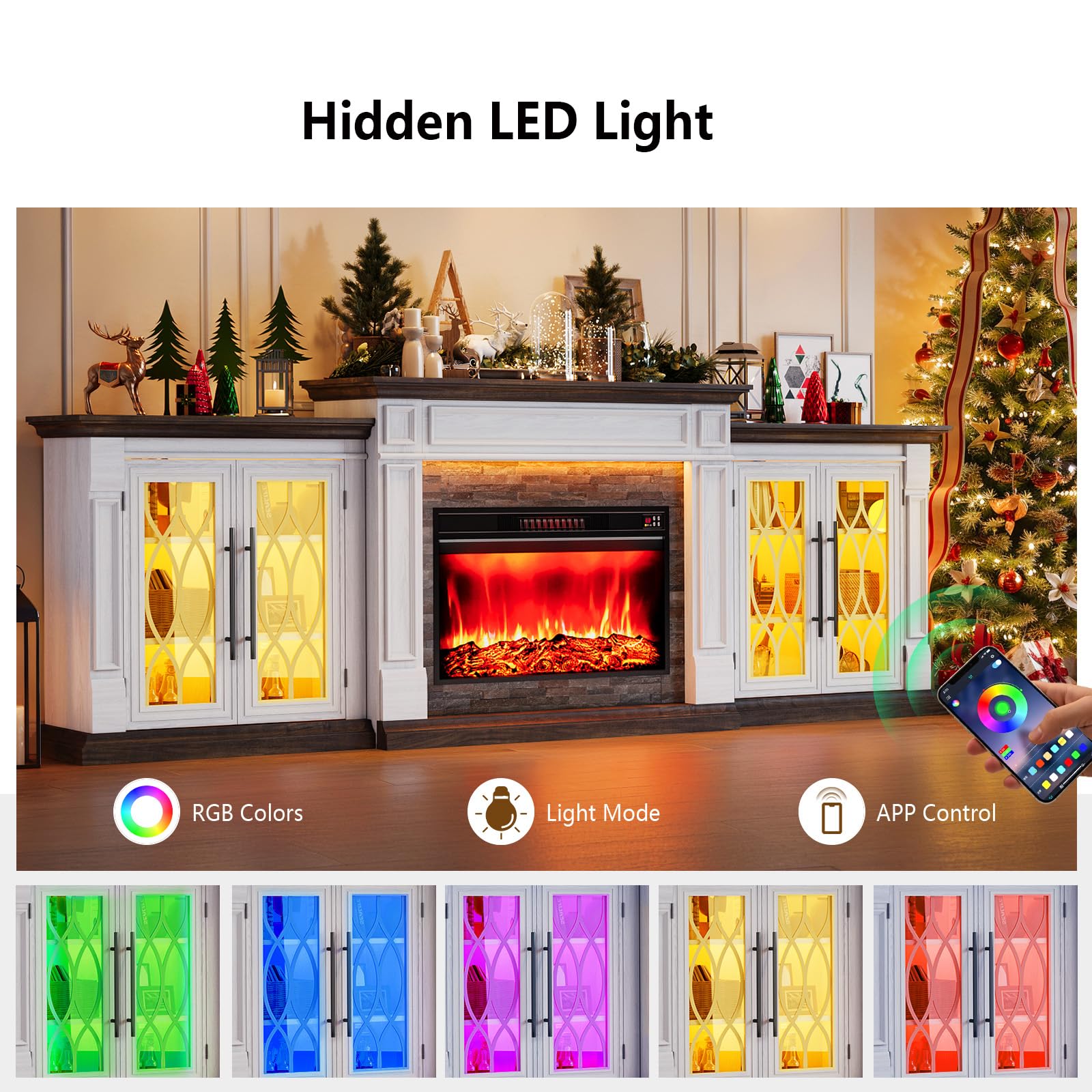 HolliWill 104" Fireplace TV Stand for TVs Up to 100 Inch, LED Electric Fireplace with Mantel and Sideboard Cabinets, Entertainment Center with 4 Glass Doors and Outlet, Modern for Living Room
