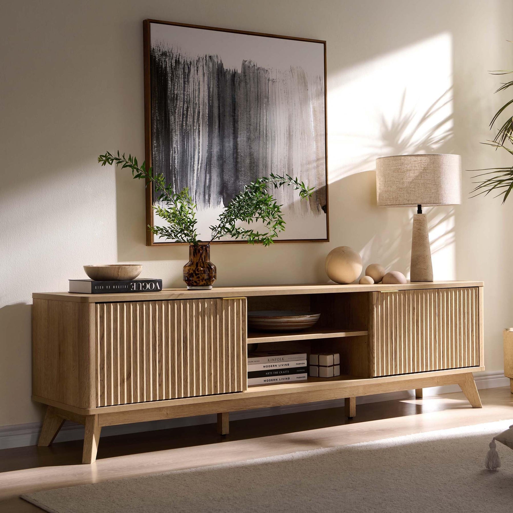 OKD 70" Mid Century Modern Fluted TV Stand w/ 2 Soft Close Door,Natural Oak