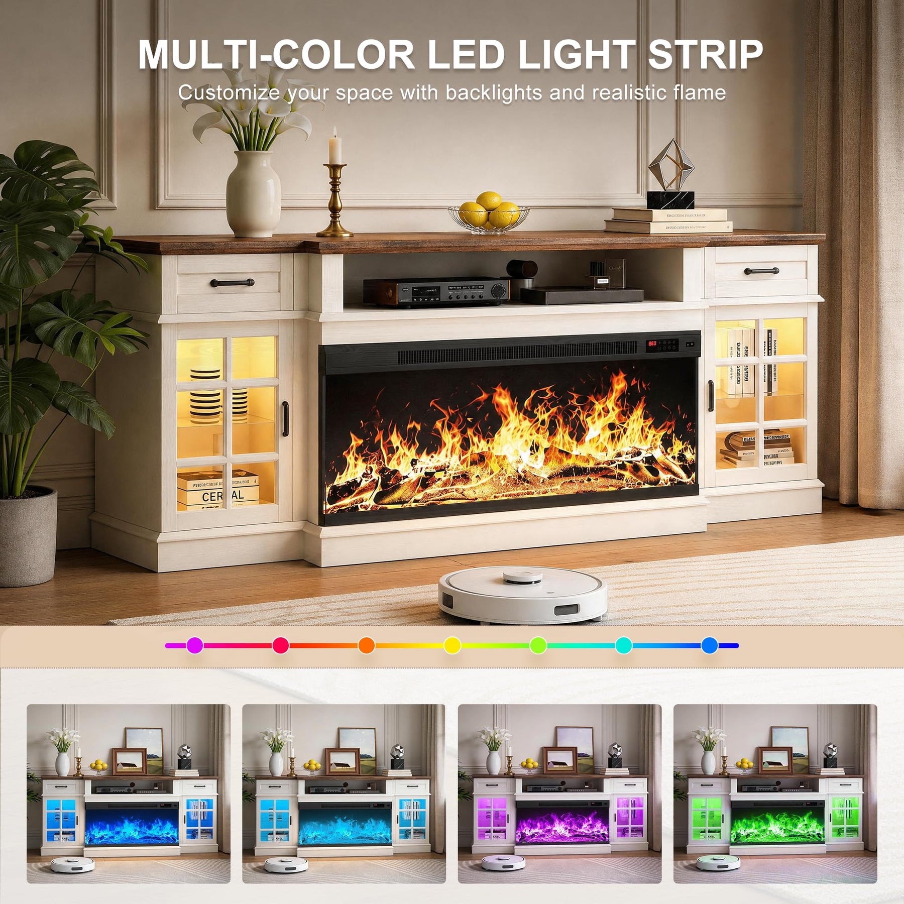 MXV 70" Fireplace TV Stand, 3-Sided Glass Fireplace and Modern Entertainment Center, Wooden Media Console with Glass Doors & Storage Drawers, LED Light, for Living Room, Antique White