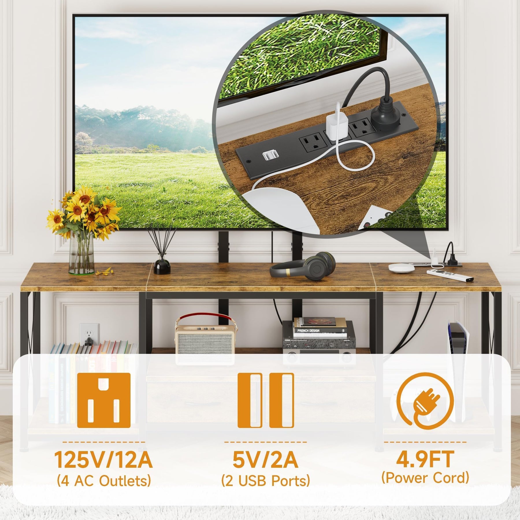 GYIIYUO LED TV Stand with Mount and Power Outlet & Fabric Drawers for 32-85 Inches TV - Entertainment Center and Corner Tv Stand for Living Room, Bedroom- 47" Rustic Brown (Max VESA 600mm × 400mm