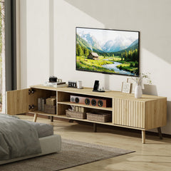 YOSHOOT 63" TV Stand for Living Room, Mid Century Modern Entertainment Center with Power Outlet Fit TVs Up to 70 inch, Fluted Media Console with Open Shelves and Storage Cabinets for Bedroom, Natural